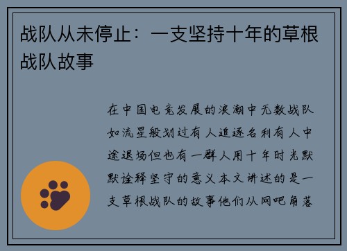 战队从未停止：一支坚持十年的草根战队故事